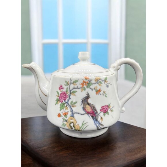 Vintage Peacock Floral Gold Trim Teapot with Lid Japan? - Picture 1 of 10